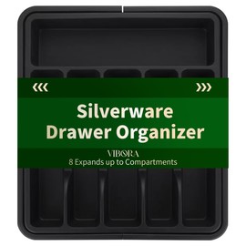 VIBORA Large Silverware Organizer for Drawer, Expandable Utensil Tray for Kitchen Cabinets, BPA Free Cutlery and Flatware Holder, Adjustable Plastic Storage for Spoons, Forks, and Knives, Large, Black