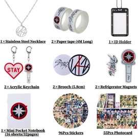 Yanmzmin Stray Merch Gifts Set, Including 55 Postcards, 96 Stickers, 2 Keychain, 2 Pins, 2 Paper Tape, 2 Fridge Magnet, ID Badge Holder, Pocket Notebook and Pendant for Skz's Stays Fans Gifts