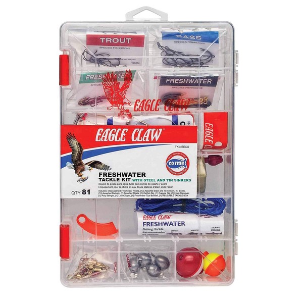 EAGLE CLAW LEAD ALTERNATIVE FRESHWATER TACKLE KIT, 81 LEAD ALTERNATIVE PIECES, CONATINS SINKERS, TACKLE AND ASSORTED HOOKS FOR FRESHWATER FISHING