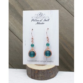 Pillar of Salt Studio Handcrafted Earrings Bright Copper and Sea Glass Wire Wrap Teardrop (Peacock Blue, 1" drop)