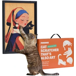 Purrdee Decorative Wall Art Sisal Cat Scratcher with Vertical Mounted Setup, 14x20 Large & Durable Scratch Pad Ideal for Adult Cats with Gallery-Style Frame That Looks Like a Painting (Girl with Purr)