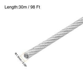 QUARKZMAN 98 ft (30 m) Wire Rope 304 Stainless Steel Cable 1/16 Inch (1.5 mm) Vinyl Coated with 6 Aluminium Sleeves for Hanging, Washing Lines, Lifting, Transparent