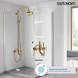 gotonovo Gold Polished Shower Faucet Sets 8 Inch Rainfall Shower Head Bathtub 2 Cross Knobs Mixer Rain Shower System Adjustable Hand Held Spray Shower Unit