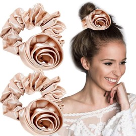 Rose Hair Scrunchies for Women Satin Hair Ties,Flower Hair Accessories Gentle No Pull Elastic,Floral Hair Accessories for Wedding Bridal, Everyday Ponytail Holder (apricot)