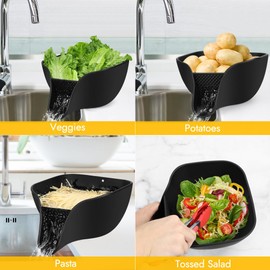 Advantez Multifunctional Drain Basket, 4.6 QT Large Silicone Food Pasta Drainer with Spout for 3-5 QT, Kitchen Sink Colanders & Food Strainers Bowl for Washing Fruits, Vegetables and More(Black)