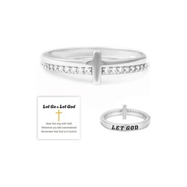 HOLINSE Cross Ring for Women, Engrave Let Go & Let God Dainty Trendy Religious Pray Ring, Cubic Zirconia Purity Ring for Christian (Silver, 7)