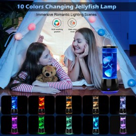 Jellyfish Lamp with Speaker, 10 Color Changing Jellyfish Night Light, Remote Control Jelly Fish Light Lamp with 12 White Noise and 2 Speed Change, Upgraded Jellyfish Light for Room Decor