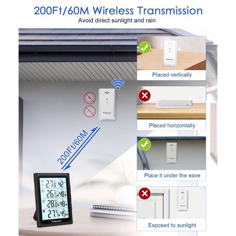 Geevon Weather Stations Wireless Indoor Outdoor Thermometer with 3 Outdoor