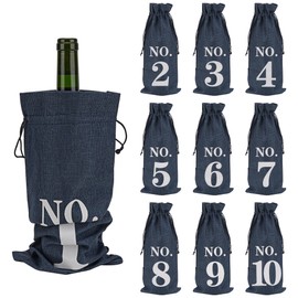 JANKOW 10 Pcs Numbered Burlap Wine Bags, Blind Tasting Wines Bags, Wine Gift Bag with Drawstring, Reusable Linen Wines Bottle Covers for Home Storage Wedding Party Decoration (Navy blue)