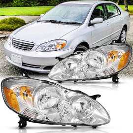 Headlights Assembly Pair for 2003 2004 2005 2006 2007 2008 Toyota Corolla (E130 9th Gen) CE/LE/S Sedan Headlamps Replacement Driver and Passenger Side (LH RH),Chrome Housing Amber Reflector