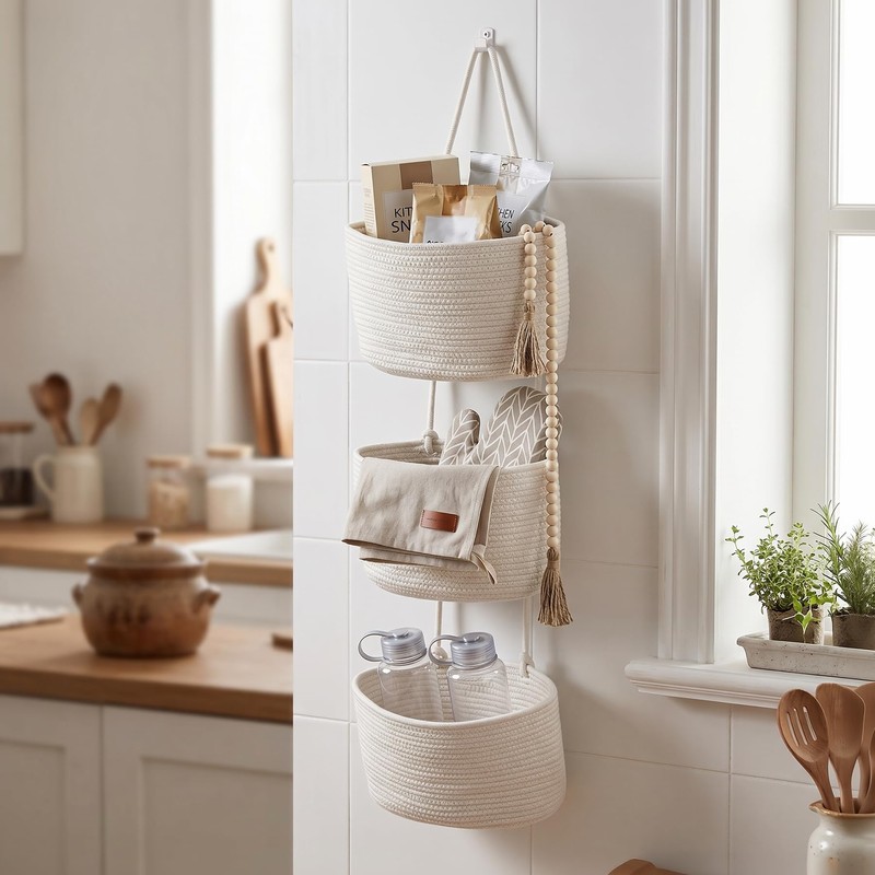 Wall Hanging Rope Baskets 3-Tier Boho Organizers (White & White,