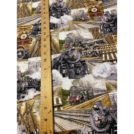 TRAINS RAILROAD SMOKE REALISTIC SCENE COTTON FABRIC FQ
