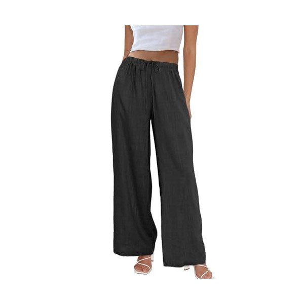 Duyang Duyang Womens Cotton Linen Palazzo Pants Drawstring Elastic Waist