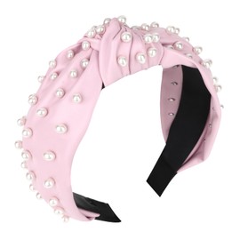 YISSION 1PC Pearl Knotted Headband for Women Non Slip Beaded Headband Wide Leather Headbands for women Jeweled Embellished Hairband Pink Head Band Hair Accessories for Women Girls
