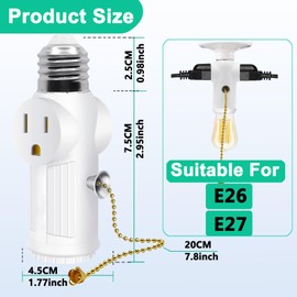 Light Socket Outlet Adapter,E26/E27 Light Bulb Outlet Socket Adapter,3 Prong Outlet Adapter with Cord Control Switch,Polarized Light Bulb Socket Splitter,White,2 Pack