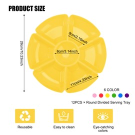 BYZCYSG ‌12 Pcs Plastic Snack Serving Trays with 7 Compartments - 12 Inch Round Chip & Dip Plates for Candy, Nuts, Fruits, Veggies - Party Platter Set, 6 Colors