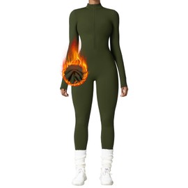 OEAK Women's Sports Jumpsuit Long Tight Yoga Jumpsuit Long Sleeve Turtleneck Playsuits with Zip Seamless Fleece Lined Bodysuit One-Piece Romper, Army Green