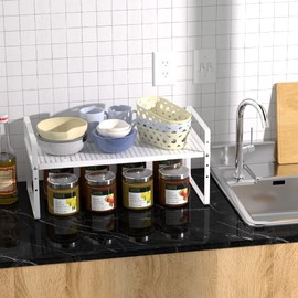 GEDLIRE Expandable Kitchen Cabinet Shelf Organizer, Stackable Metal Pantry Storage Shelves, Adjustable Counter Shelf Organizer Rack for Kitchen Cabinets, Cupboard, Countertop, Closet, White