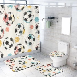 ERUNJLYS Abstract Soccer Balls 4 PCS Shower Curtain Sets Colorful Sport Football Print Pattern 4 Pcs Bathroom Set with Shower Curtain, Bath Rugs and Accessories 70.8×70.8, Style-2