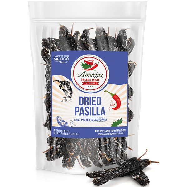 Pasilla Chiles Dried 1LB (16oz) - Staple in Mexican Cooking: Moles, Sauces, Stews, Salsa. Mild Heat – Punget and Tangy Flavor. By Amazing Chiles & Spices…
