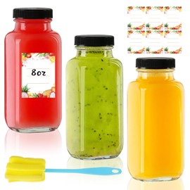 Yokodaza 8 oz Glass Juice Bottles with Lids 3-Pack - Reusable Small Juice Drinking Jars for Green Juices, Shots & Smoothies