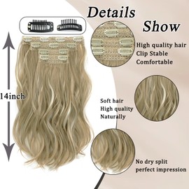 Clip in Hair Extensions, 14 Inch Hair Extensions Clip Ins 4 Pcs Synthetic Curly Wavy Hair Extensions Thick Clip on Hair Extensions Hairpiece(Mixed Sepia cyan&White)