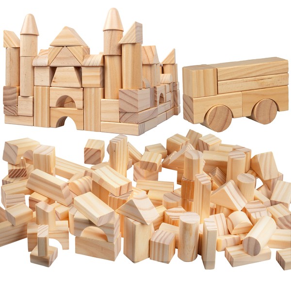 Wooden Blocks Set - 100 Pc Natural Colored Wood Building Block Toys - 100% Real Wood, 14 Different Shapes, Great Gift for Kids or Back to School Project, Indoor Activity - Build, Stack and Create