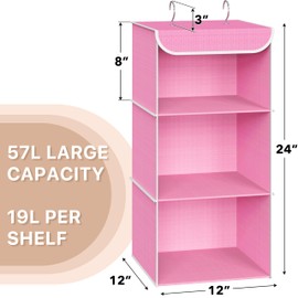 Simple Houseware 3-Shelf Hanging Closet Organizer, Fabric Storage Shelves with 57L Capacity, Pink