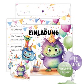 TOBJA Monster Invitation Children's Birthday Boy XXL Monster Invitation Cards Birthday 15 x 15 cm Set of 10 with Envelopes & Stickers Birthday Invitations Boys (Monster)