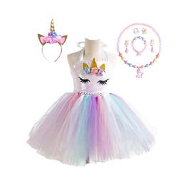 MOLFROA Handmade Unicorn Sequin Tutu Dress for Girls 2-9 Y with Headband and 6 Pcs Accessories Set (White,4-5Y)