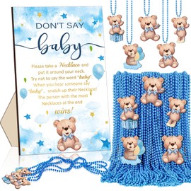 Beeveer 51 Pcs Don't Say Baby Shower Game Supplies Include Wooden Baby Shower Sign and 50 Necklaces for Gender Reveal Party Decor(Blue Bear)