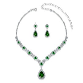 la luen Teardrop Birthstone Necklaces for Women, Rhinestone Drop Dangle Earrings Necklaces Set Oval Crystal Rhinestone Matching Wedding Jewelry Gifts for Wife Girlfriend (Emerald-A)