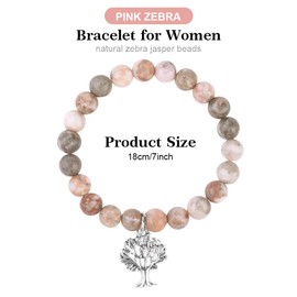 Alaoo Anxiety Bracelet, Natural Pink Stone Bracelet, Crystal Pink Healing Zebra Bracelets, Elastic Crystal Beads Bracelets, Christmas Birthday Gifts for Women Girls Friend Sister Mom (Tree of Life)