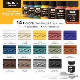 Nicpro 14 Colors Chalk Paint for Furniture, 2 fl oz (60ml) Ultra Matte Finish Acrylic Craft Paint, Non-Toxic Chalk Furniture Paints for Wood, Metal, Cabinets, Home Decor with Liquid Wax, Color Wheel
