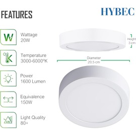 HYBEC - 20W LED Ceiling Light Warm White 3000K for Bathroom and Kitchen, Ceiling Lamp (Pack of 2)