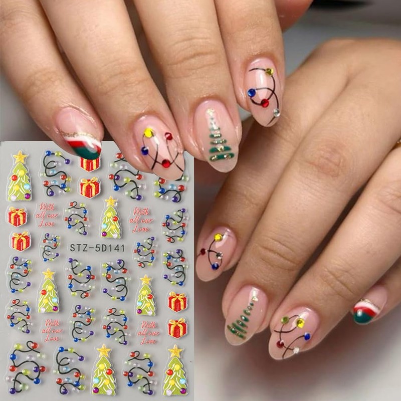 LPOODDNU Christmas Tree Light Nail Art Stickers 5D Embossed Red