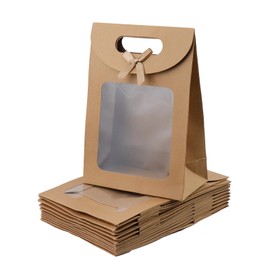 Viongna 12Pcs Kraft Paper Bags with Window Paper Gift Bags Stand Up Gift Bag with Handles Gift Bag for Candy Cookies Packaging Wedding Christmas Party Brown 5.5"x2.8"x7.9"
