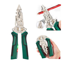 16 in 1 Foldable Wire Stripper, Twister for Cutting and Pulling Wires, Cable Scissors,Voltage Tester Pliers, 12V to 250V Live,Null,Hot Wire Judgment AC DC, Audible and Flashing LED Alarms Multi-Purpose Metal Cle Durabl Revolving Leather Belt Punch Pliers