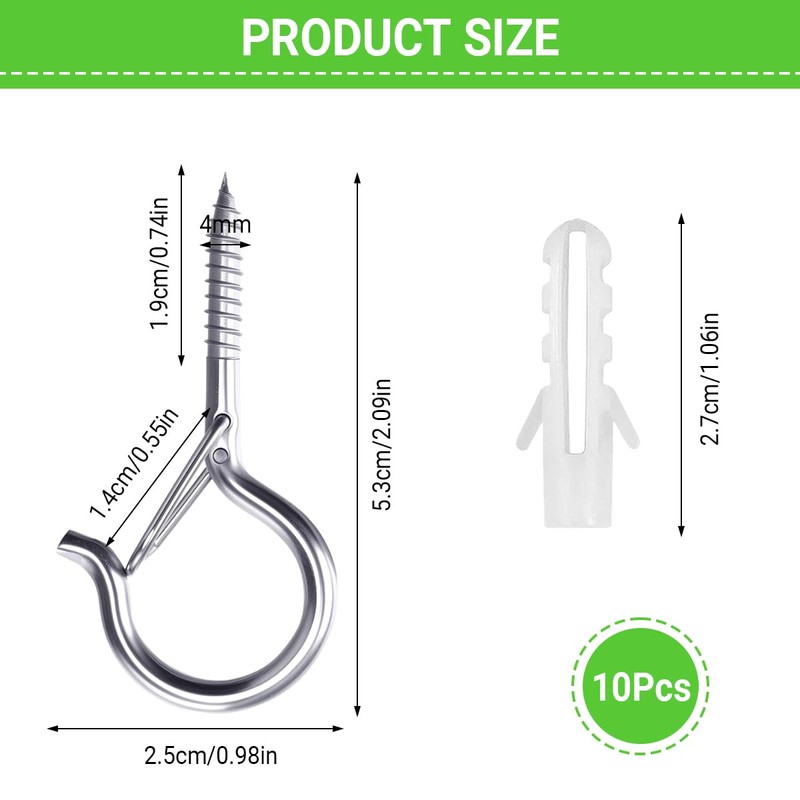 Pack of 10 Screw Hooks, Stainless Steel, Hook Screws, Screw