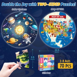 ELX 70 Piece Space Floor Puzzle for Kids Ages 5-8, Solar System Globe & USA Map Jigsaw Puzzles,Double-Sided Planet Round Large Puzzle for Toddlers,Geography Educational Toys for Boys&Girls (22.5 Inch)