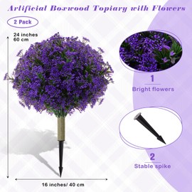 Yunlly 24'' Set of 2 Artificial Topiary Ball Tree with Flowers Artificial Plants Outdoor, Faux Shrubs Bushes with Ground Spike Realistic UV Resistant Fake Greenery Plant for Porch Indoor(Dark Purple)