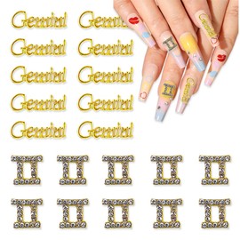 JERCLITY 20pcs Gold Alloy Gemini Zodiac Nail Charms - 10pcs Gemini Sign Symbols & 10pcs Constellation Words for Nails (May 21 to June 21)