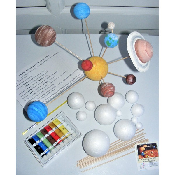 Make Your Own Solar System Model Kit ~ 12 Mixed Sized Polystyrene Spheres / Balls 2cm to 7cm Diameter with Wooden Rods Paints Brush School Projects