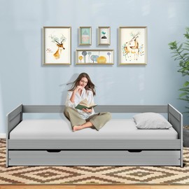 Cesgyfut Twin Daybed with Trundle, Modern Wood Daybed with Armrest, Wood Daybed Frame for Boy, Girl, No Box Spring Needed, Grey