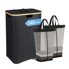 145L Double Laundry Basket with Lid, 2 Section Dirty Clothes Hamper with 2 Removable Bags for Bedroom, Bathroom, Dorm, Black