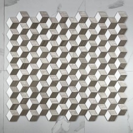 Stone Center Online W34K5XH Athens Silver Cream Marble 3D Cube Diamond Geometry Hex Mosaic Tile