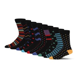 BARGAIN BUNDLE Cotton Patterned Crew Socks for Men - Size 7-11 - 9 Pairs (Mixed Pattern 2)