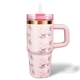 14 oz Tumbler with Handle and Straw, Kid Tumbler with Lid and Straw, 304 Stainless Steel Child Tumbler, School Sports Outdoor (Pink Bow Ty)
