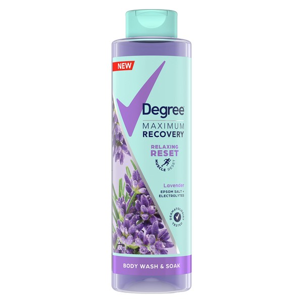 Degree Maximum Recovery Body Wash and Soak Post-Workout Recovery Skincare Routine Lavender Extract + Epsom Salt + Electrolytes Bath and Body Product 22 oz