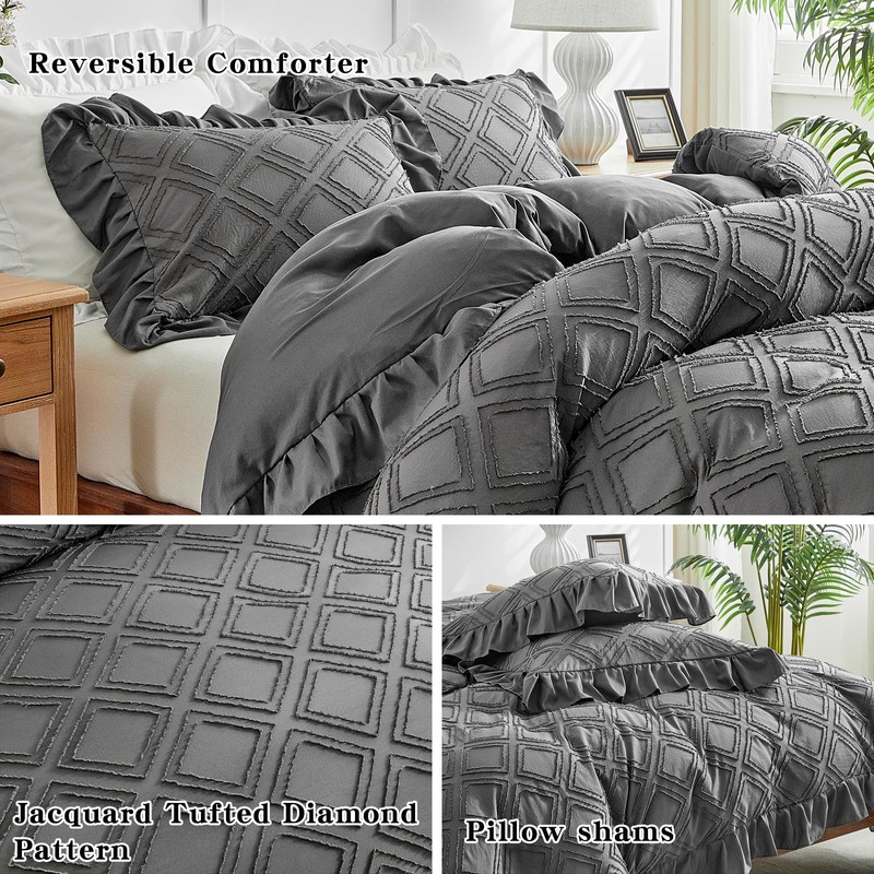 Tufted Ruffle Duvet Cover Set King Size, 3 Pieces Vintage
